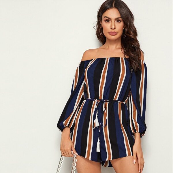 

Striped Fringe Belted Bardot Romper, Multicolor