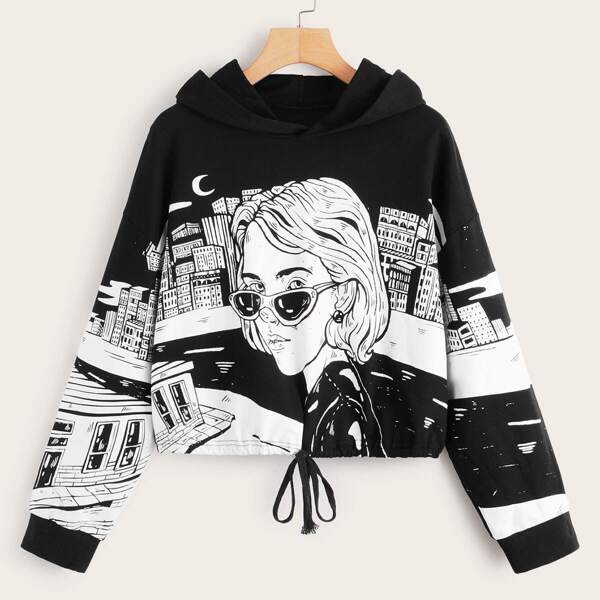 

Figure Graphic Drawstring Hem Hooded Sweatshirt, Black and white