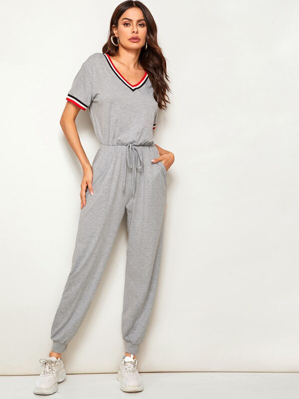 

V-neck Contrast Striped Tape Drawstring Waist Jumpsuit, Grey, Andy