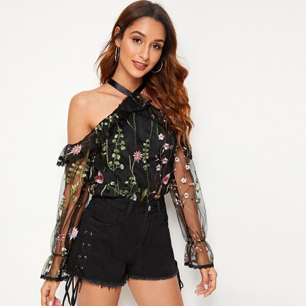 

Cold Shoulder Halter Embroidered Mesh Sheer Top