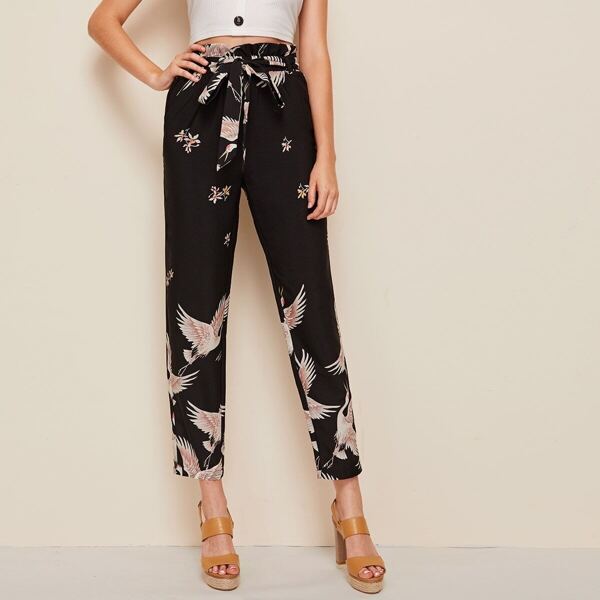 

Paperbag Waist Crane Print Pants