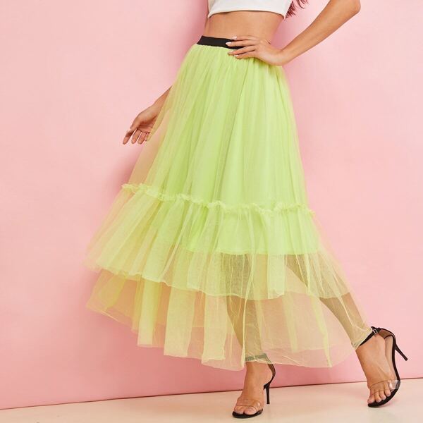 

Contrast Waist Layered Mesh Skirt