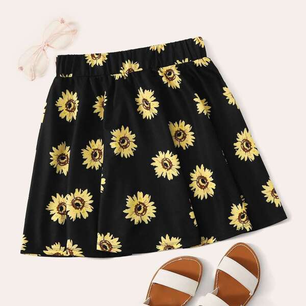 

Sunflower Print Skater Skirt, Black