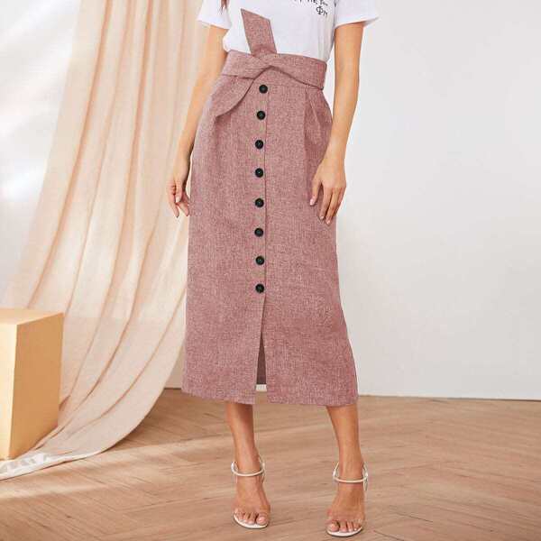 

High Waist Button Fly Belted Skirt