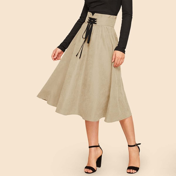 

High Waist Lace Up Flare Skirt