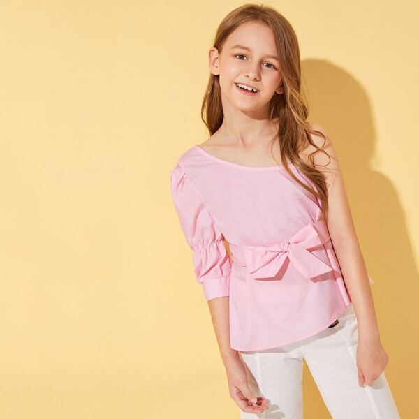 

Girls Solid Asymmetrical Neck Belted Top