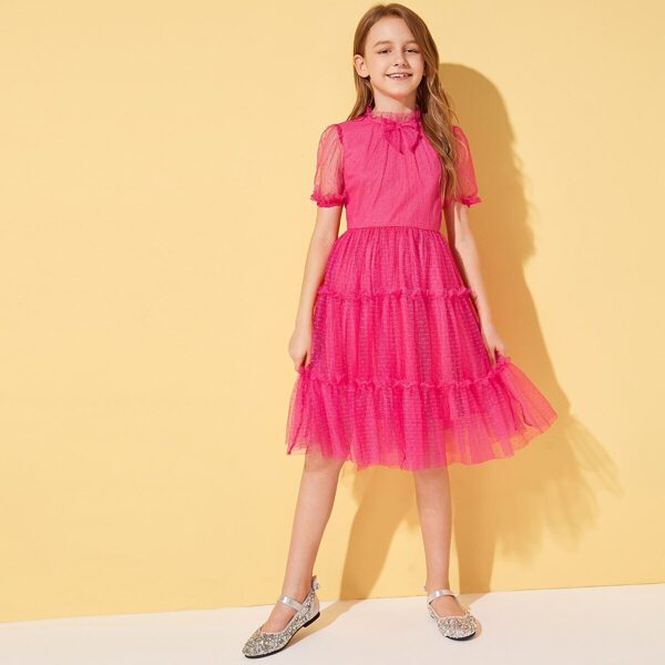 

Girls Frilled Neck Bow Detail Mesh Overlay Dress, Pink bright