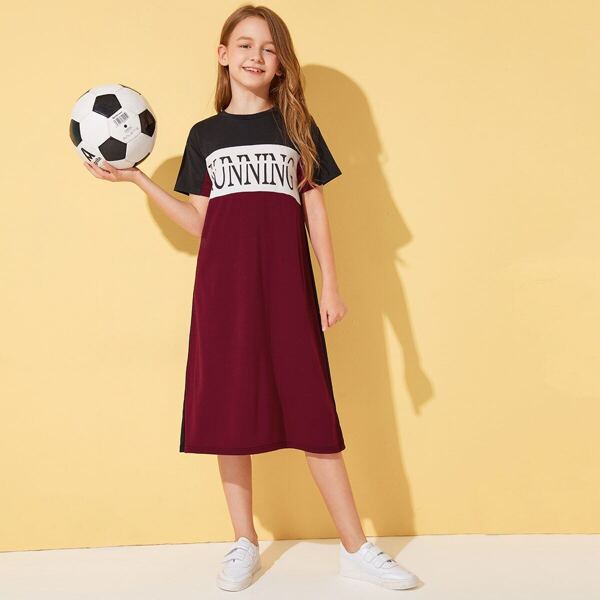 

Girls Letter Graphic Color-block T-shirt Dress, Multicolor