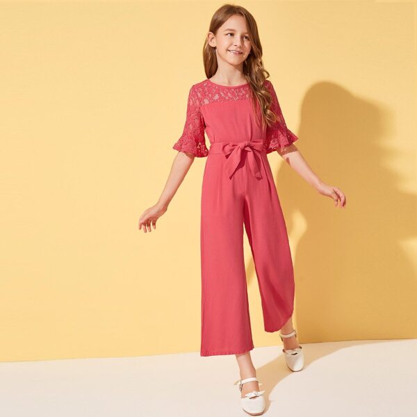 

Girls Guipure Lace Shoulder Self Belted Wide Leg Jumpsuit