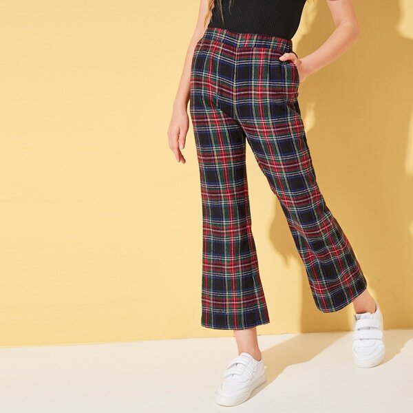

Girls Pocket Side Tartan Print Flare Leg Pants, Multicolor
