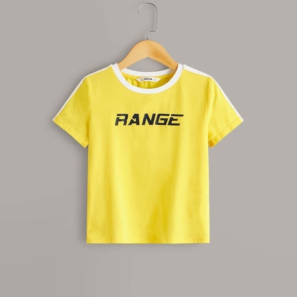 

Boys Contrast Neck Striped Tape Shoulder Letter Print Top, Yellow