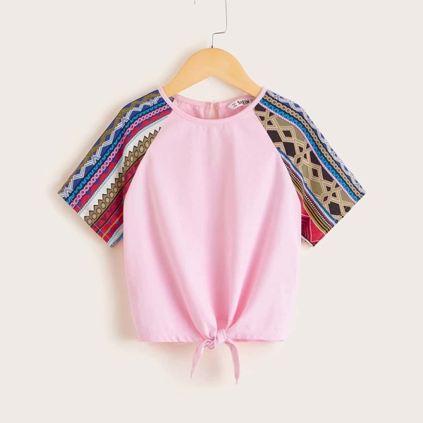 

Girls Tribal Print Raglan Sleeve Knotted Top