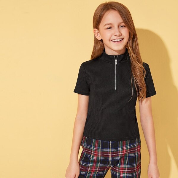 

Girls Mock-Neck Zip Half Placket Rib-knit Top