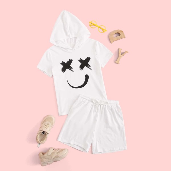 

Boys Smile Print Hooded Top & Shorts Set