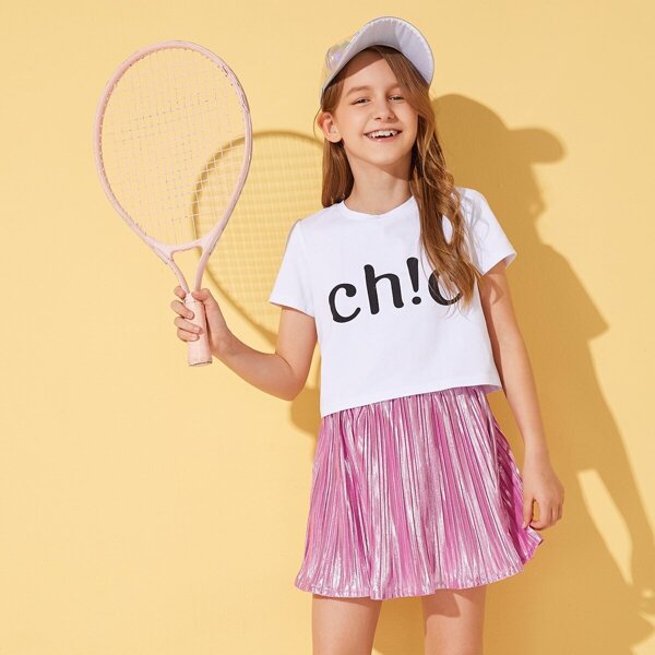 

Girls Letter Print Top & Pleated Metallic Skirt Set