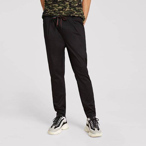 

Men Drawstring Waist Slant Pocket Pants, Black