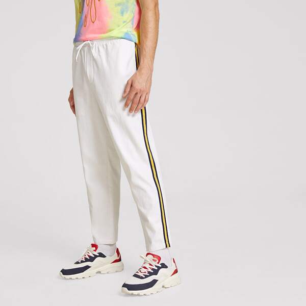 

Men Drawstring Waist Striped Tape Side Pants, White