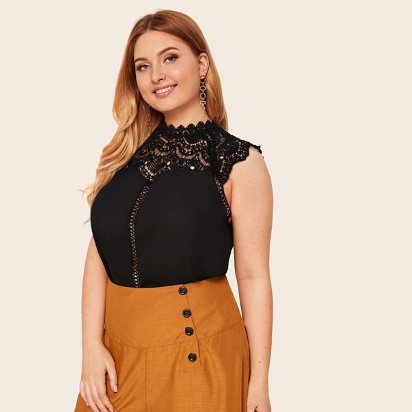 

Plus Mock Neck Lace Yoke Top, Black