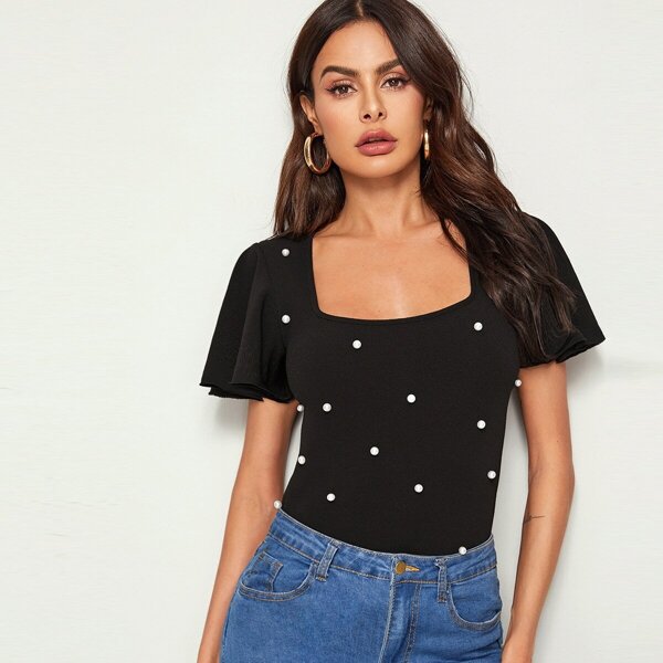 

Pearl Beaded Flutter Sleeve Textured Top, Black