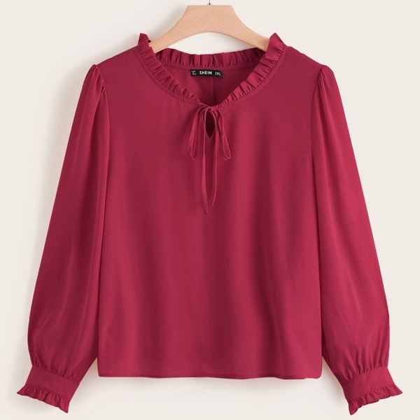 

Plus Frill Trim Tie Neck Top, Burgundy