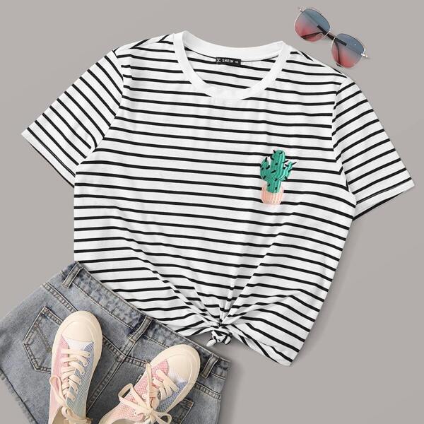 

Plus Embroidery Detail Striped Top, Black and white