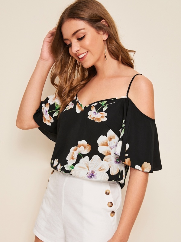 

Cold Shoulder Floral Print Top, Black, Luiza