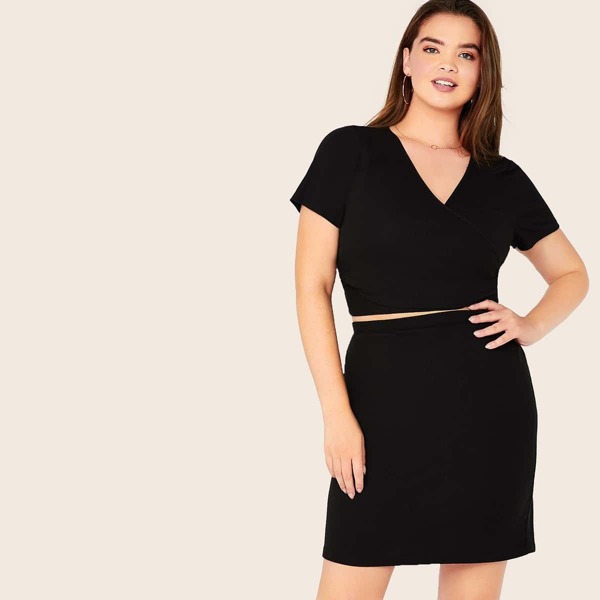 

Plus V-neck Wrap Tie Back Crop Top & Skirt Set, Black