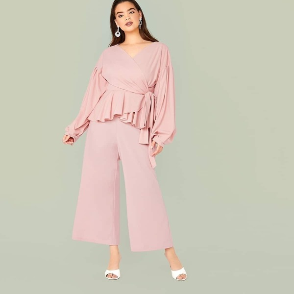 

Plus Wrap Belted Peplum Top & Wide Leg Pants, Pink pastel