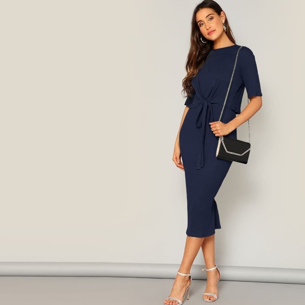 

Knot Hem Rib-knit Top & Pencil Skirt Set, Navy