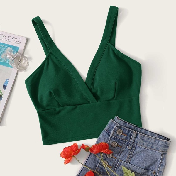 

Solid Zip Side Surplice Neck Crop Top, Green