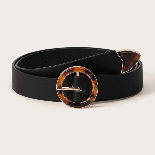

Tortoiseshell Pattern Round Buckle Belt, Black