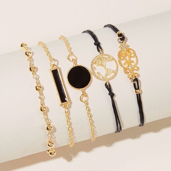 

Round & Bar Decor Chain Bracelet 5pcs, Gold