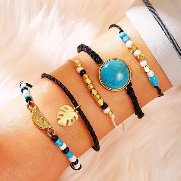 

Leaf & Turquoise Decor Chain Bracelet 5pcs