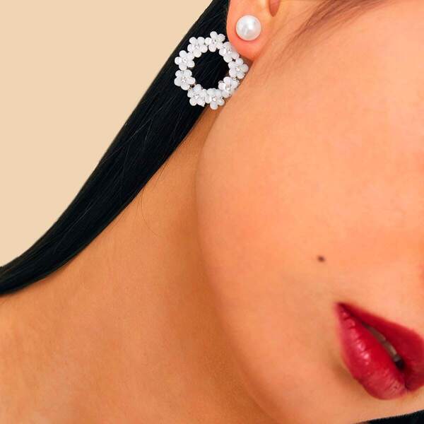 

Faux Pearl Decor Flower Circle Earring Jacket 1pair