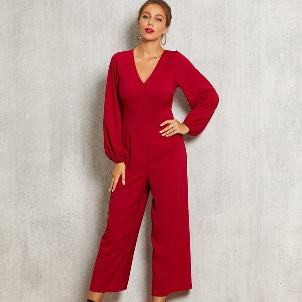 

Solid Keyhole Back Wide Leg Jumpsuit, Burgundy