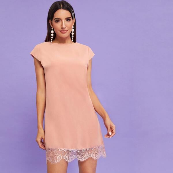 

Contrast Eyelash Lace Hem Cap Sleeve Dress