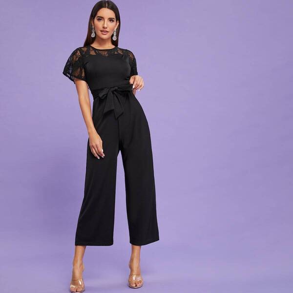 

Lace Panel Wide Leg Belted Jumpsuit