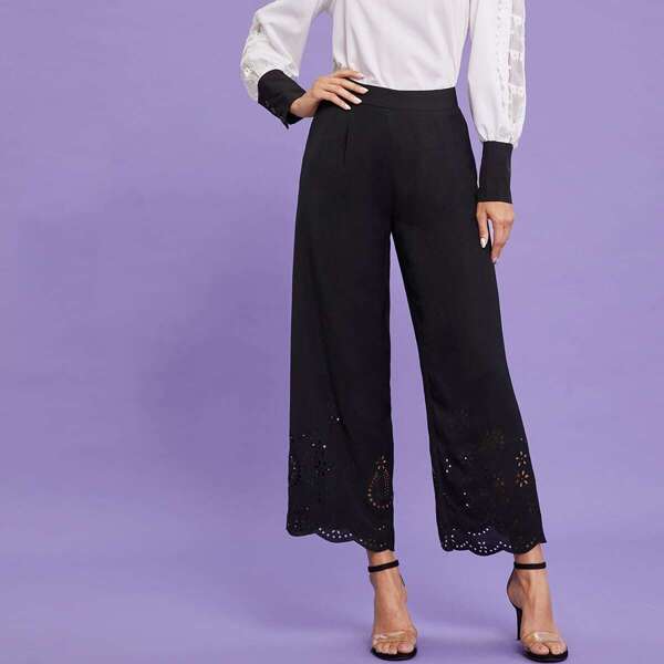 

Laser Cut Out Wide Leg Pants, Black
