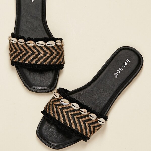 

Woven Raffia Band Shell Detail Slide Sandals, Black