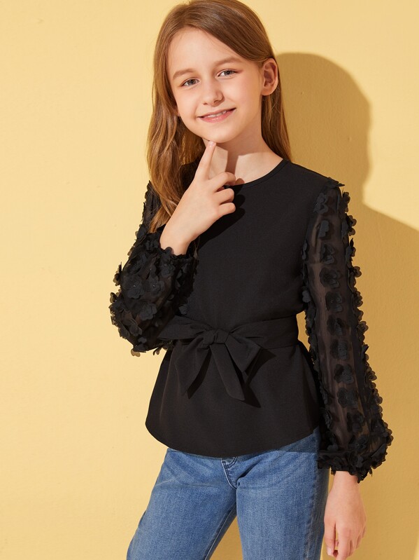 

Girls 3D Applique Mesh Bishop Sleeve Belted Top, Black, Sashab