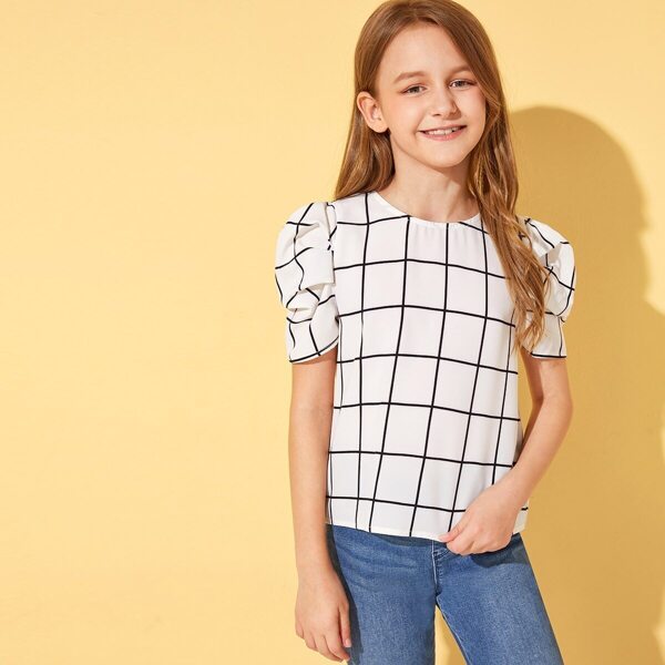 

Girls Puff Sleeve Grid Top