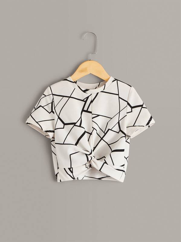 

Girls Geo Print Twist Hem Textured Top, White