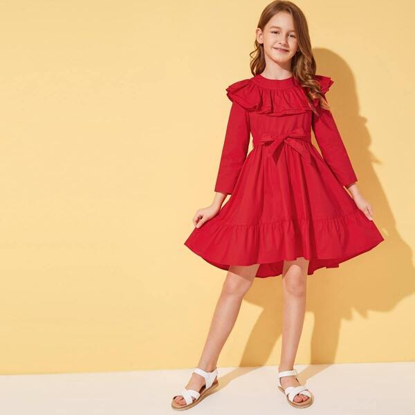 

Girls Layered Ruffle Trim Bow Tie Waist Dress