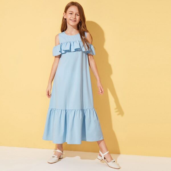 

Girls Cold Shoulder Ruffle Trim Solid Dress