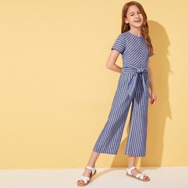 

Girls Bow Tie Waist Wide Leg Striped Jumpsuit, Blue