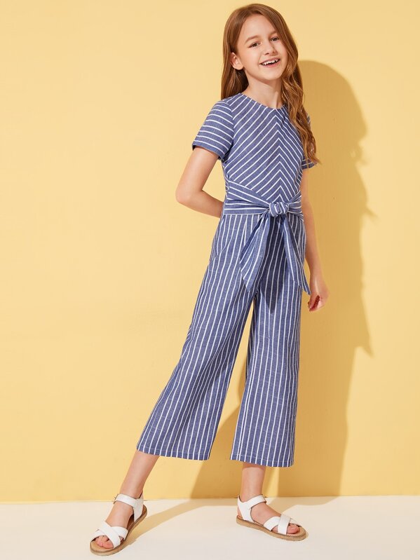 

Girls Bow Tie Waist Wide Leg Striped Jumpsuit, Blue, Sashab