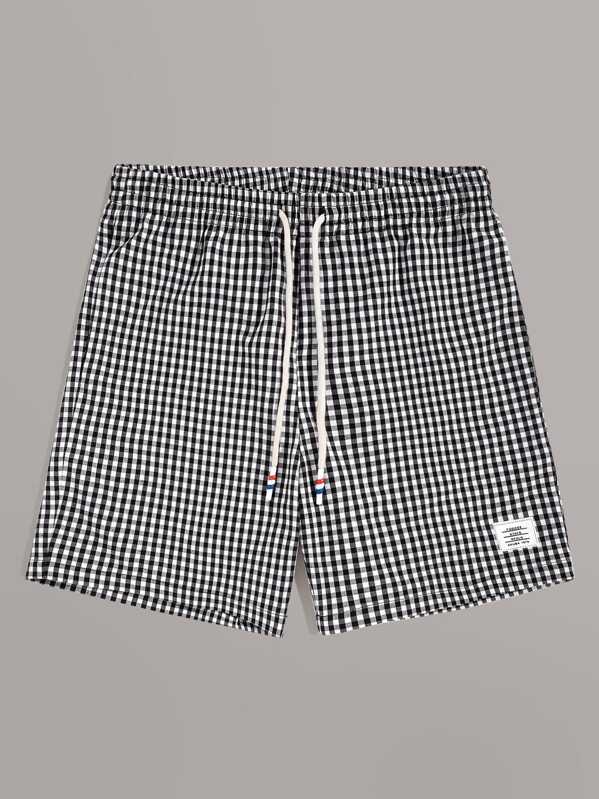 

Men Drawstring Waist Patched Detail Gingham Shorts, Black and white