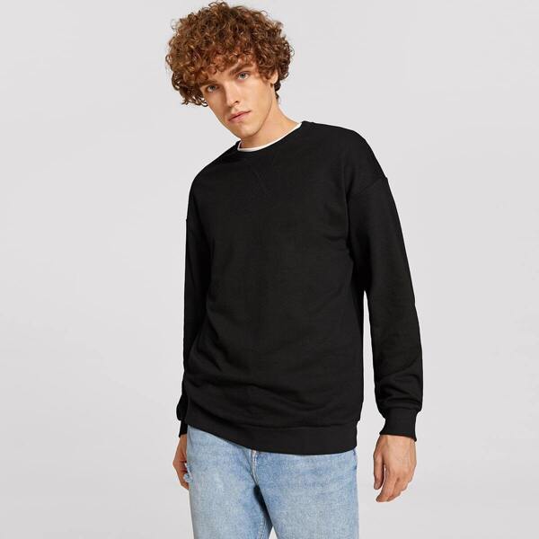 

Men Crew Neck Drop Shoulder Stitch Pullover, Black