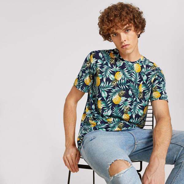 

Men Tropical and Pineapple Print Tee