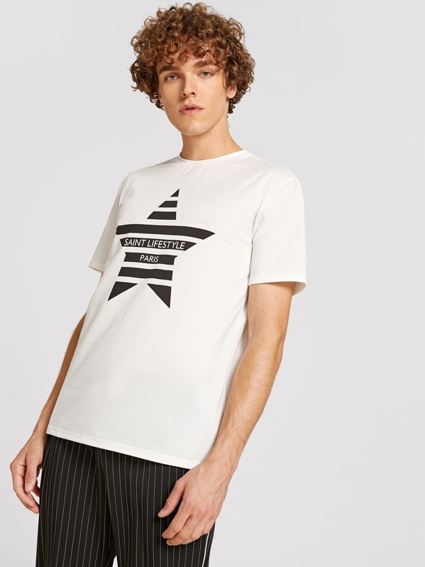 

Men Star and Slogan Print Tee, White, Lucas S